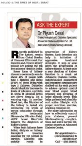 Diabetes and Chronic Kidney Disease - Times of India, Surat Edition - Dec 14, 2016
